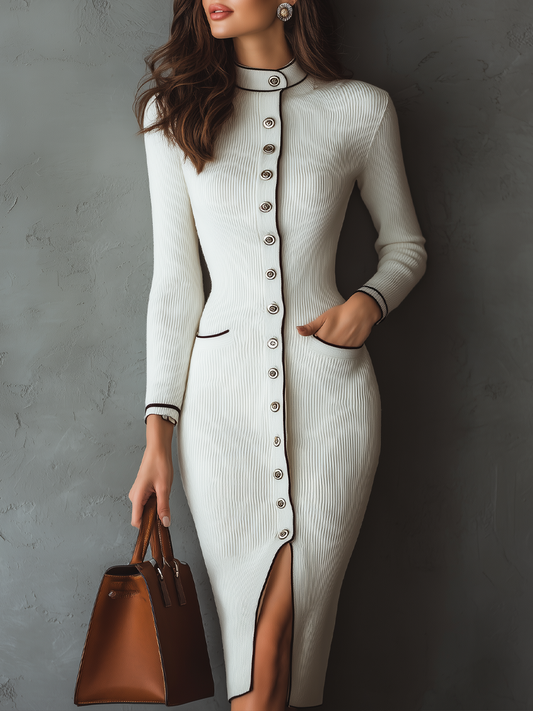 Retro Stand Collar Contrast Trim Knitted Midi Dress