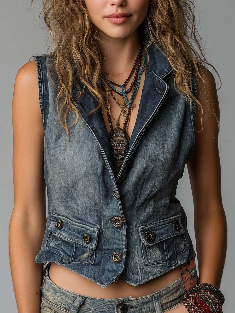 Vintage Workwear Style Distressed Blue Jean Vest