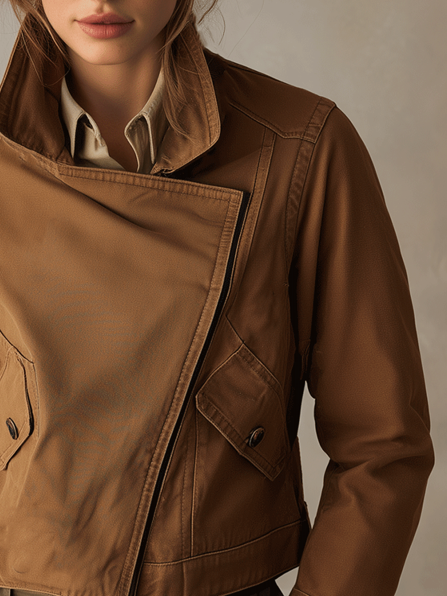 Casual Camel-Colored Asymmetrical Short Jacket