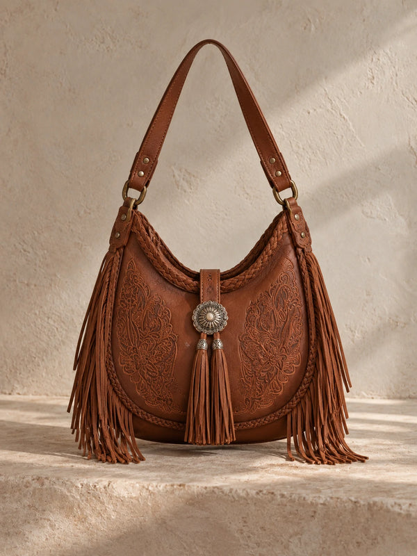 Boho Fringe Embossed Hobo Bag - plain back view