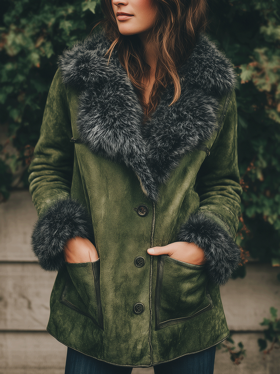 Boho Olive Faux Shearling Collar Suede Jacket