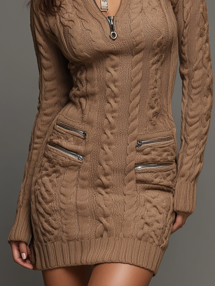 Retro Zipper Collar Cable Knitted Mini Dress