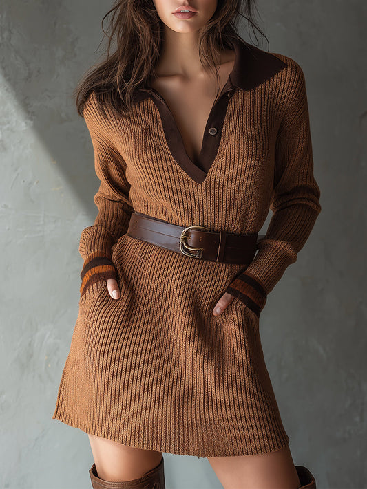 Chic Contrasting Color Knitted Mini Dress With Belt