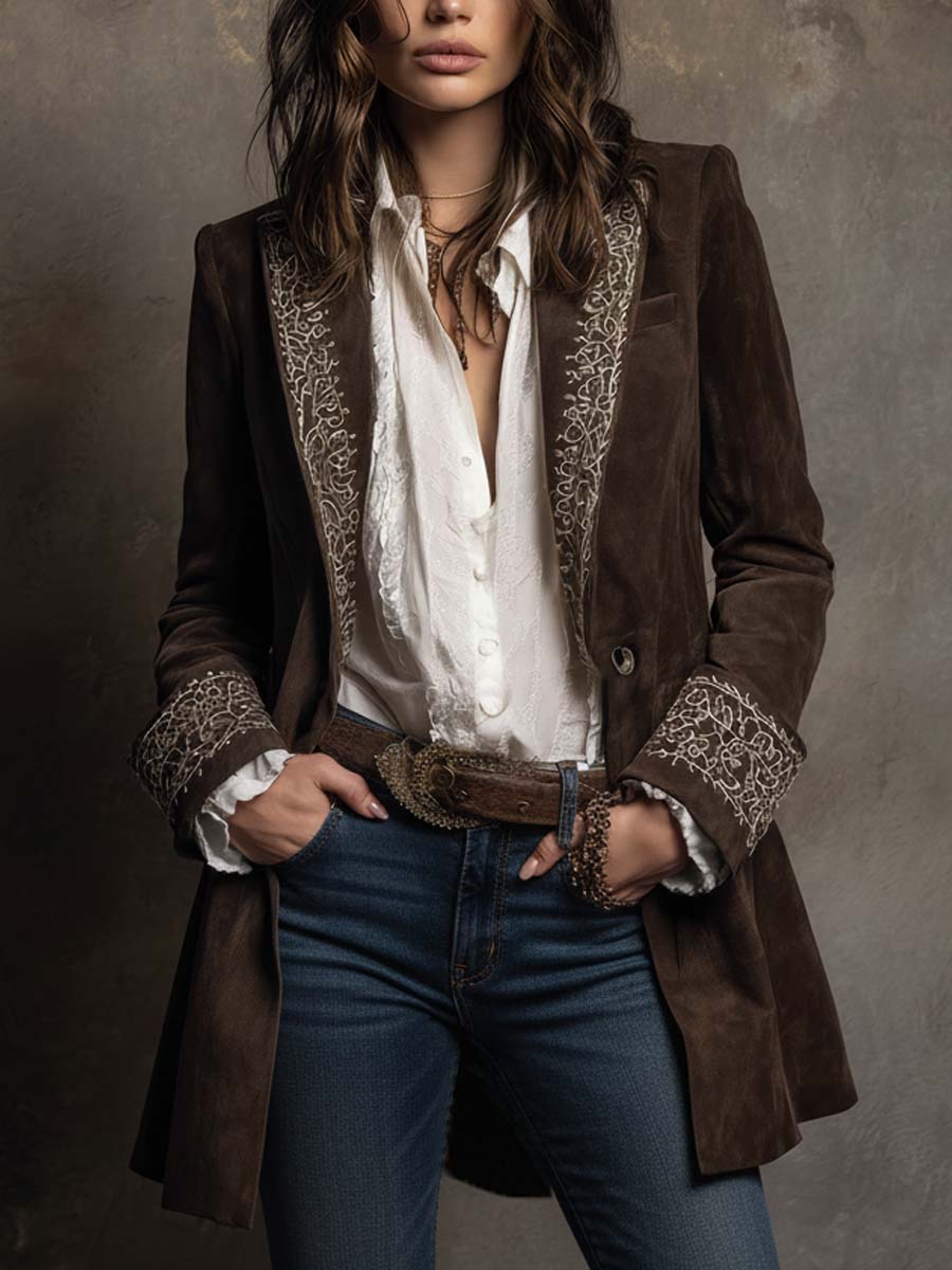 Vintage Western Elegance Mbroidered Suede Long Blazer