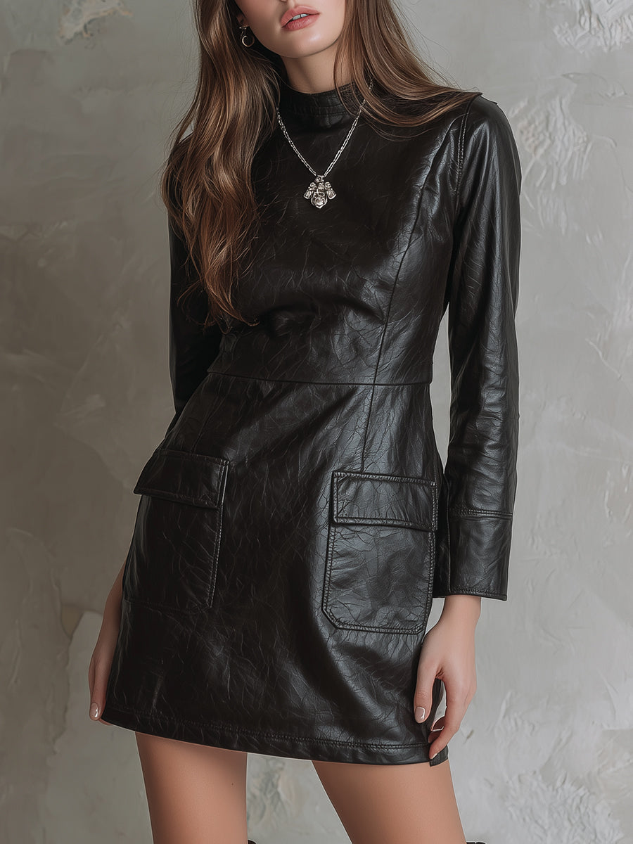 Stylish Matte Eco-friendly Leather Stand Collar Mini Dress