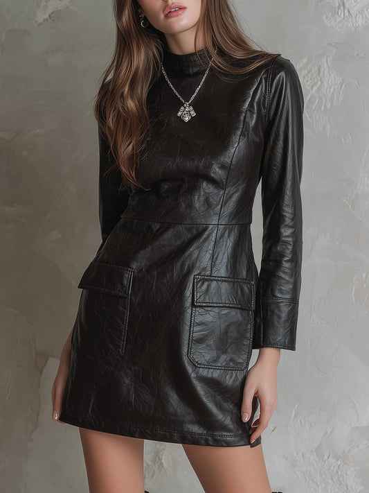 Stylish Matte Eco-friendly Leather Stand Collar Mini Dress