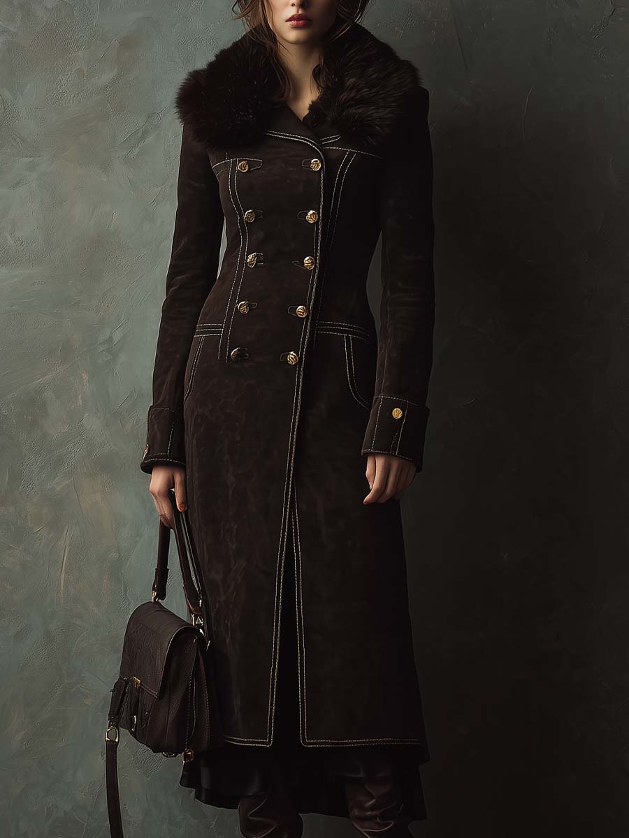 Vintage Dark Brown Eco-Suede Coat With Faux Fur Collar And Contrast Stitching