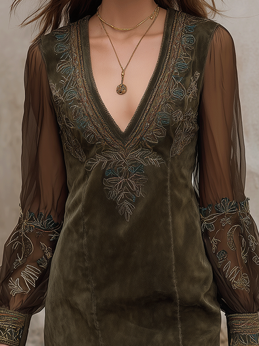 Bohemian Olive Suede Embroidered Mini Dress