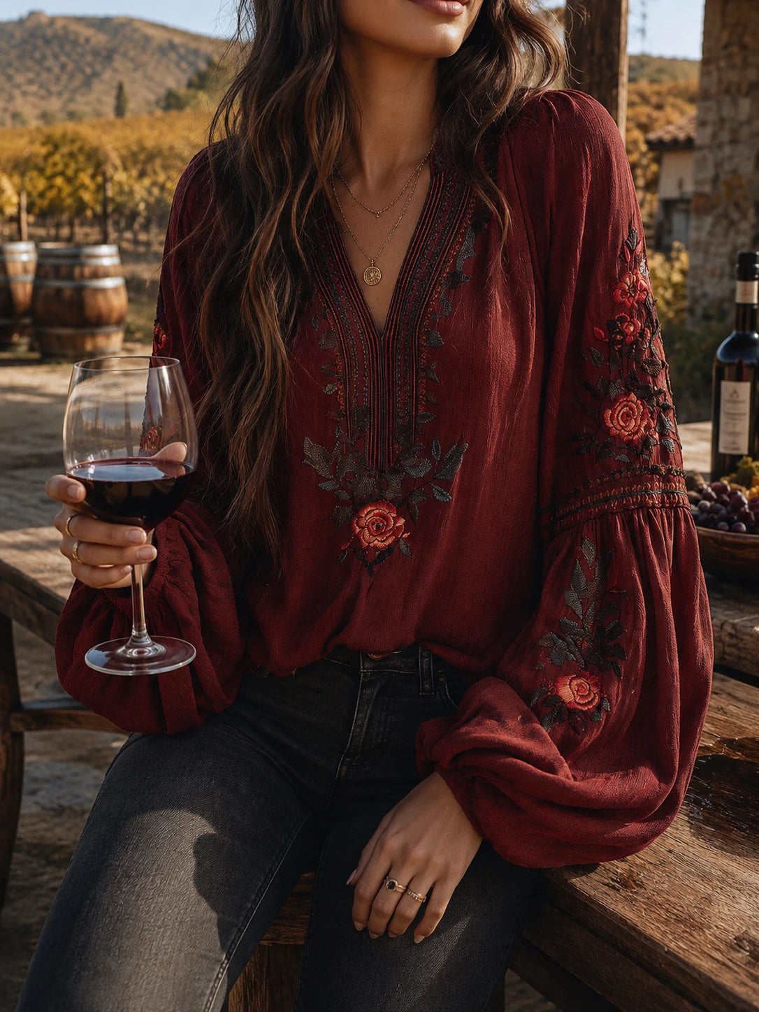 Vintage Red Embroidered Lantern Sleeve Boho Blouse