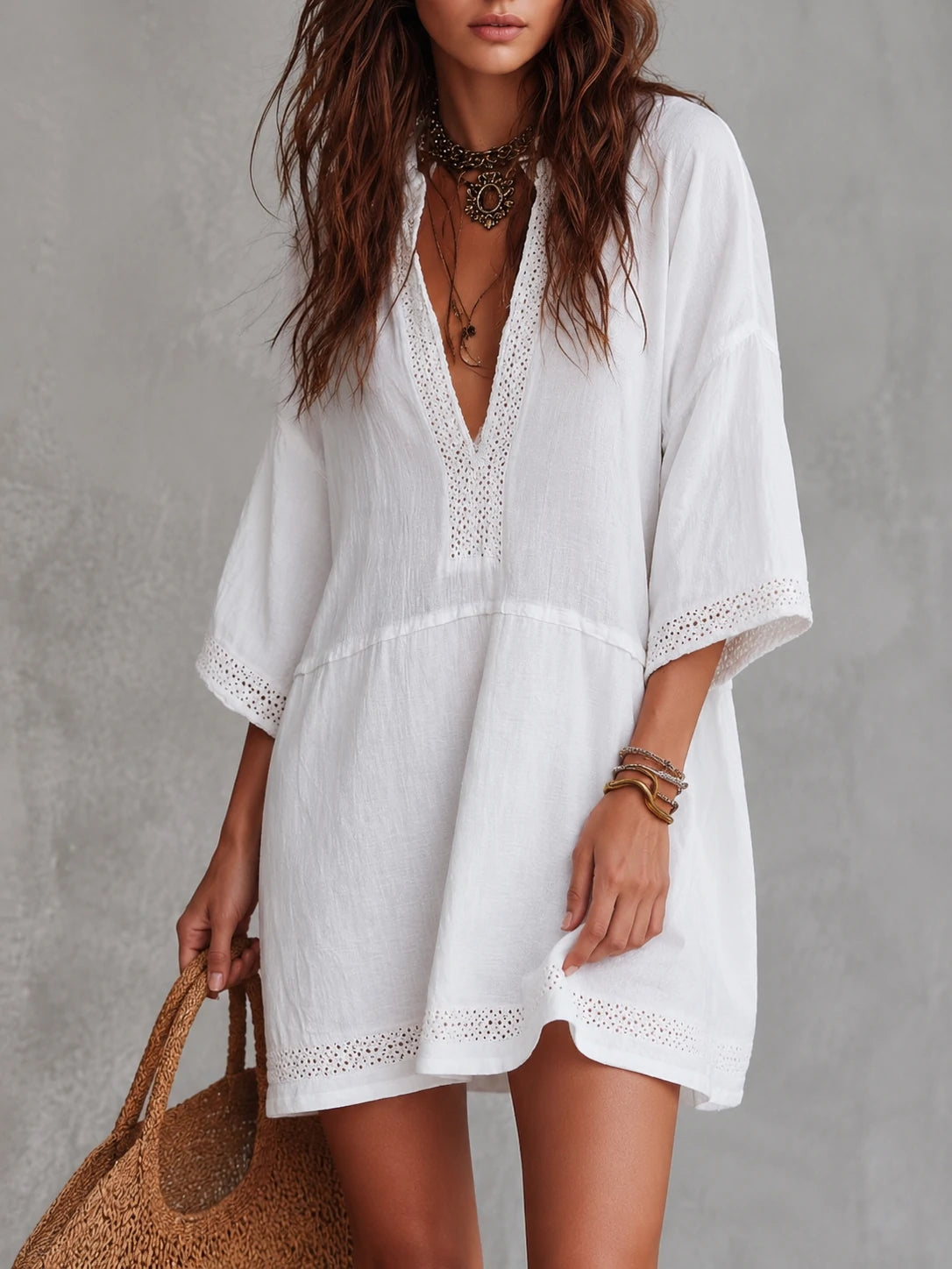 Vintage Lace Trim Draped Waistline Cotton Linen Mini Dress