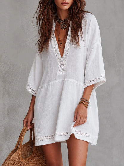 Vintage Lace Trim Draped Waistline Cotton Linen Mini Dress