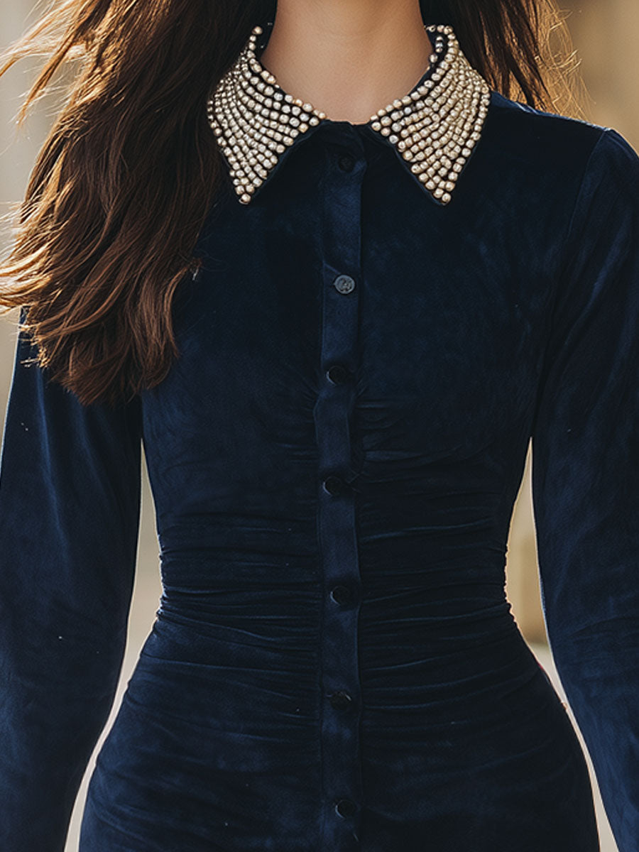 Vintage Suede Pearl Ruched Mini Dress