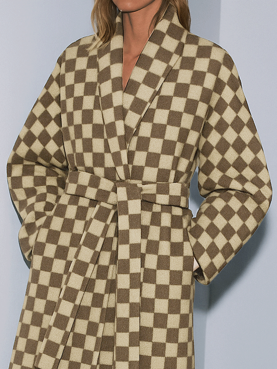 Retro Elegance Checkered Wool Belted Coat