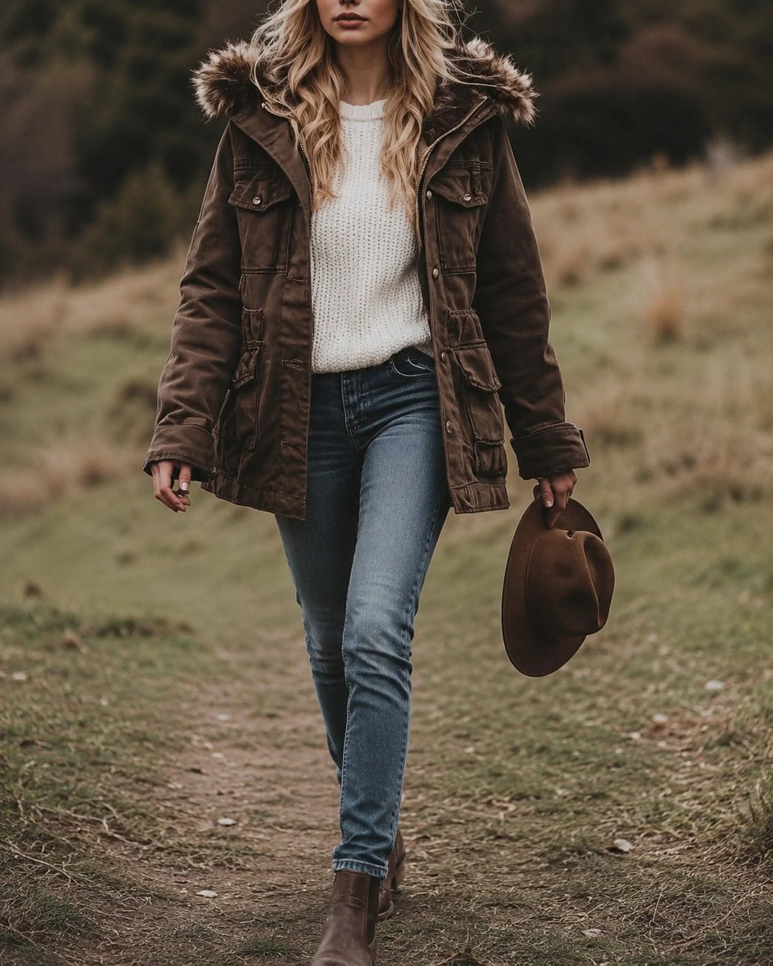 Women's Vintage Fur Hooded Work Windbreaker Jacket
