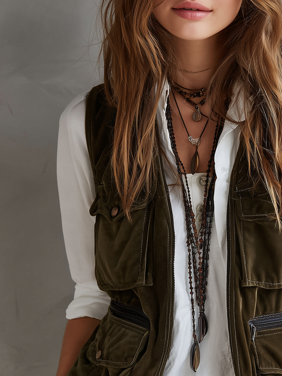 Vintage Multi-Pocket Velvet Vest