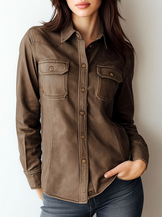 Retro Khaki Utility Shirt With Dual Pockets