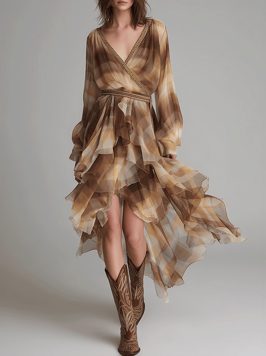 Casual V-Neck Multi-Layered Earth-Tone Check Ruffled Chiffon Midi Dress