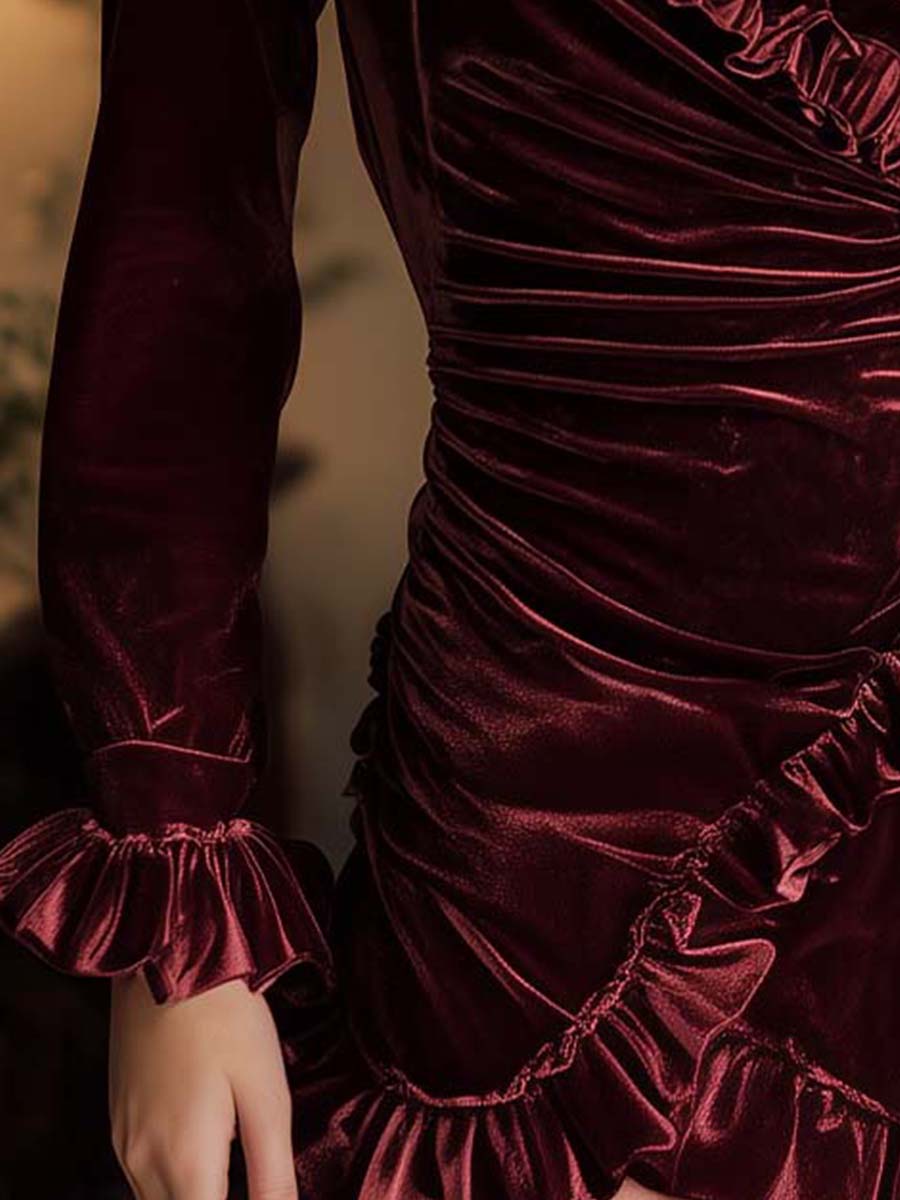 Wine Red Velvet Ruffled Wrap Mini Dress