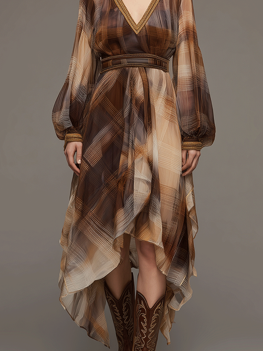 Bohemian Gradient V-neck Lantern Sleeve Chiffon Asymmetric Midi Dress