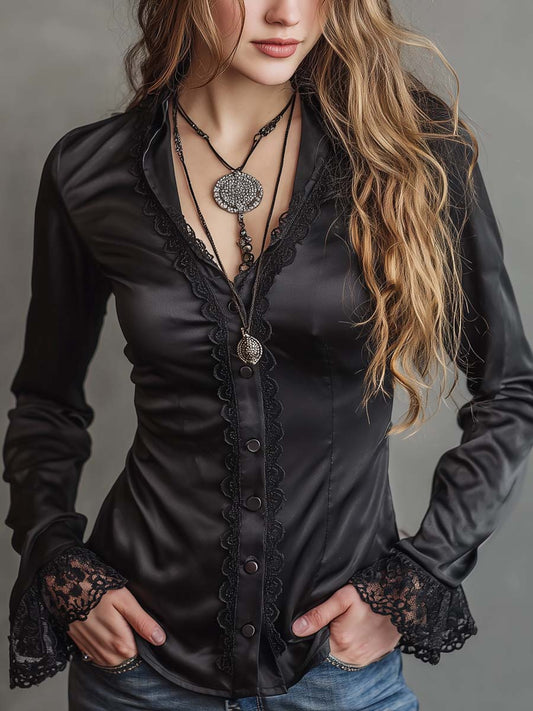 Vintage Lace Trim Polyester Satin Blouse