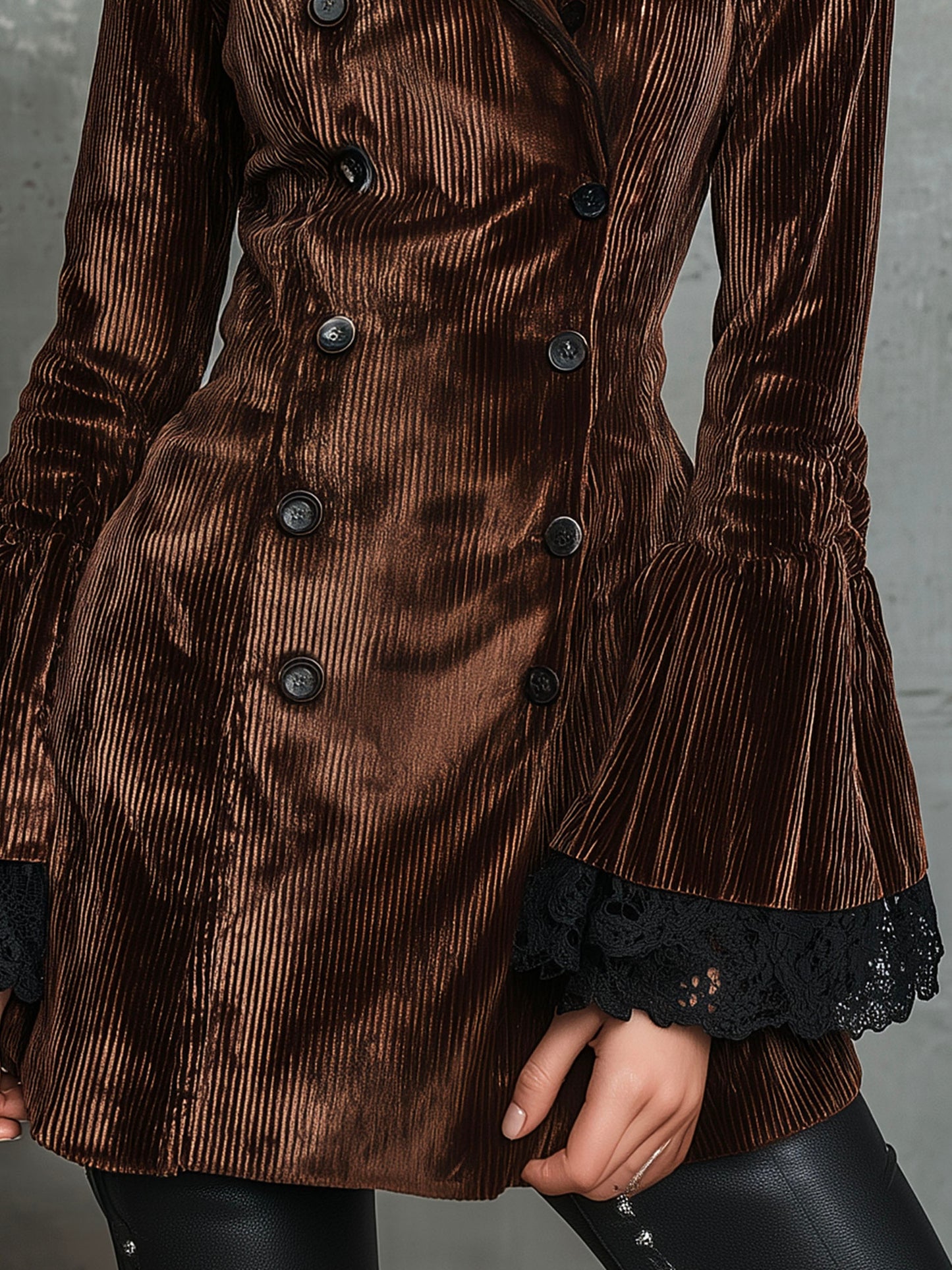 Vintage Velvet Double-Breasted Long Sleeve Jacket With Lace Cuff And Flared Sleeves