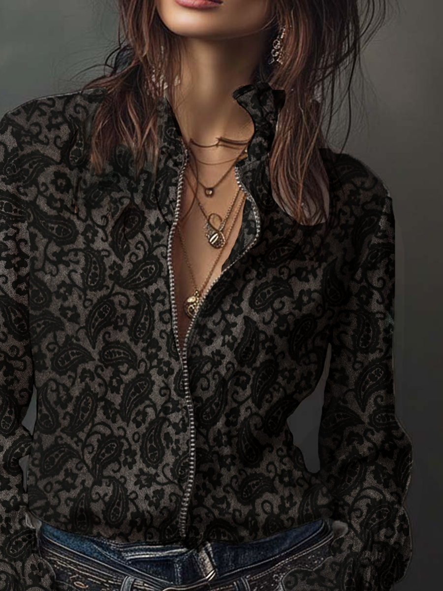 Retro Paisley Flocked Knitted Zipper Blouse