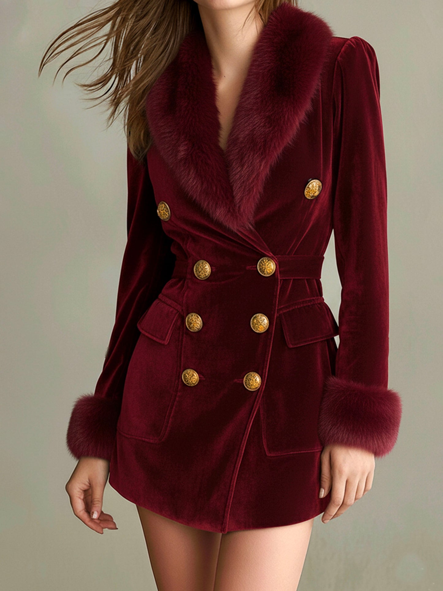 Retro Burgundy Velvet Blazer Dress With Eco Fur Trim