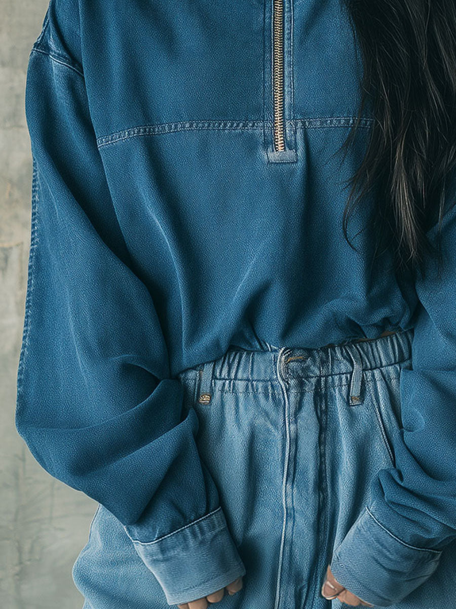 Casual Stand Collar Half-Zip Denim Pullover Sweatshirt