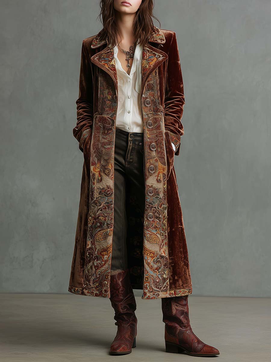 Velvet Paisley Trim Maxi Coat
