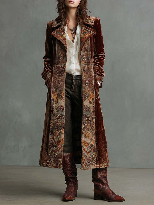 Velvet Paisley Trim Maxi Coat
