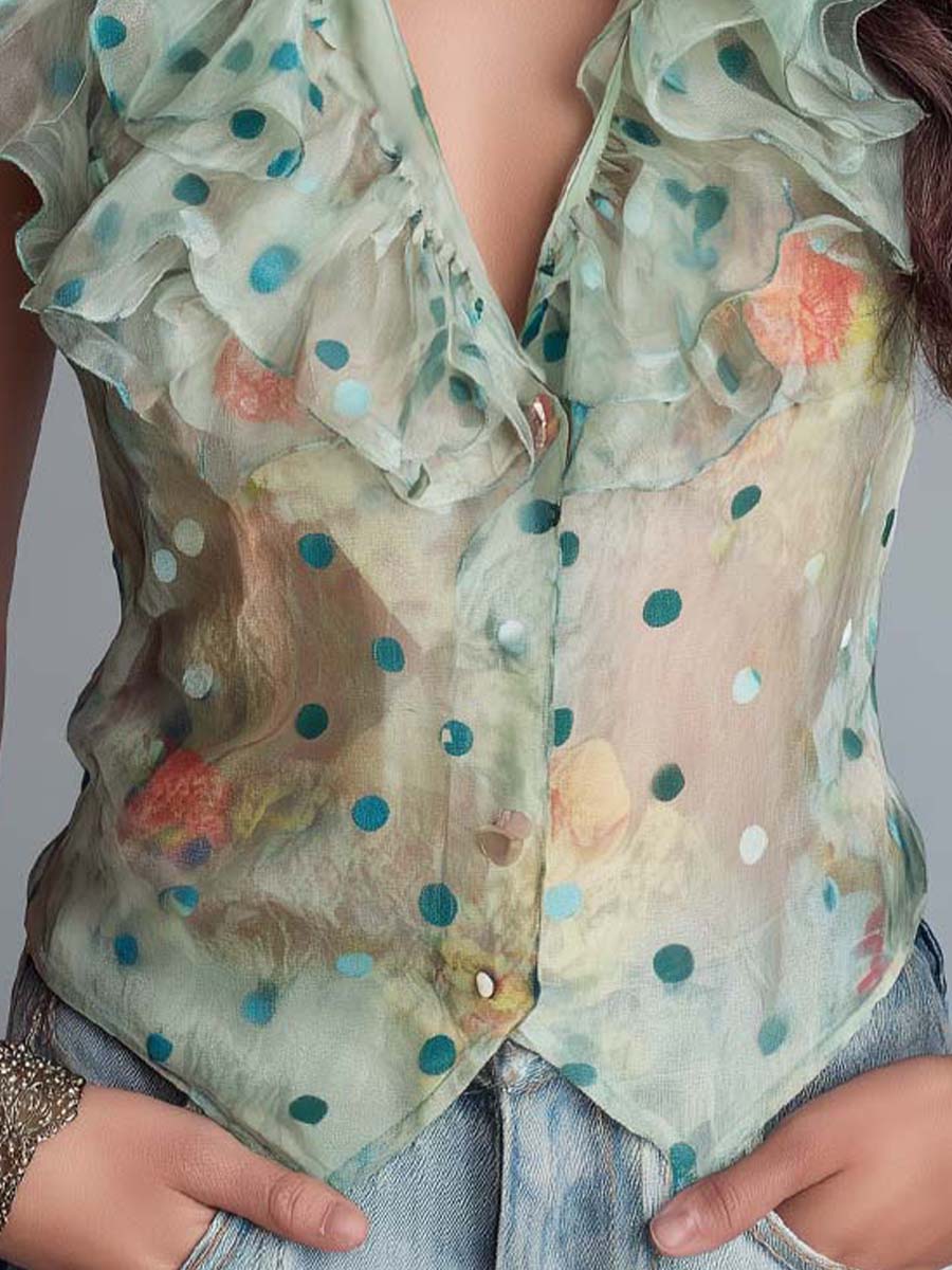 Vintage Boho Polka Dot Ruffled Sheer Blouse Top