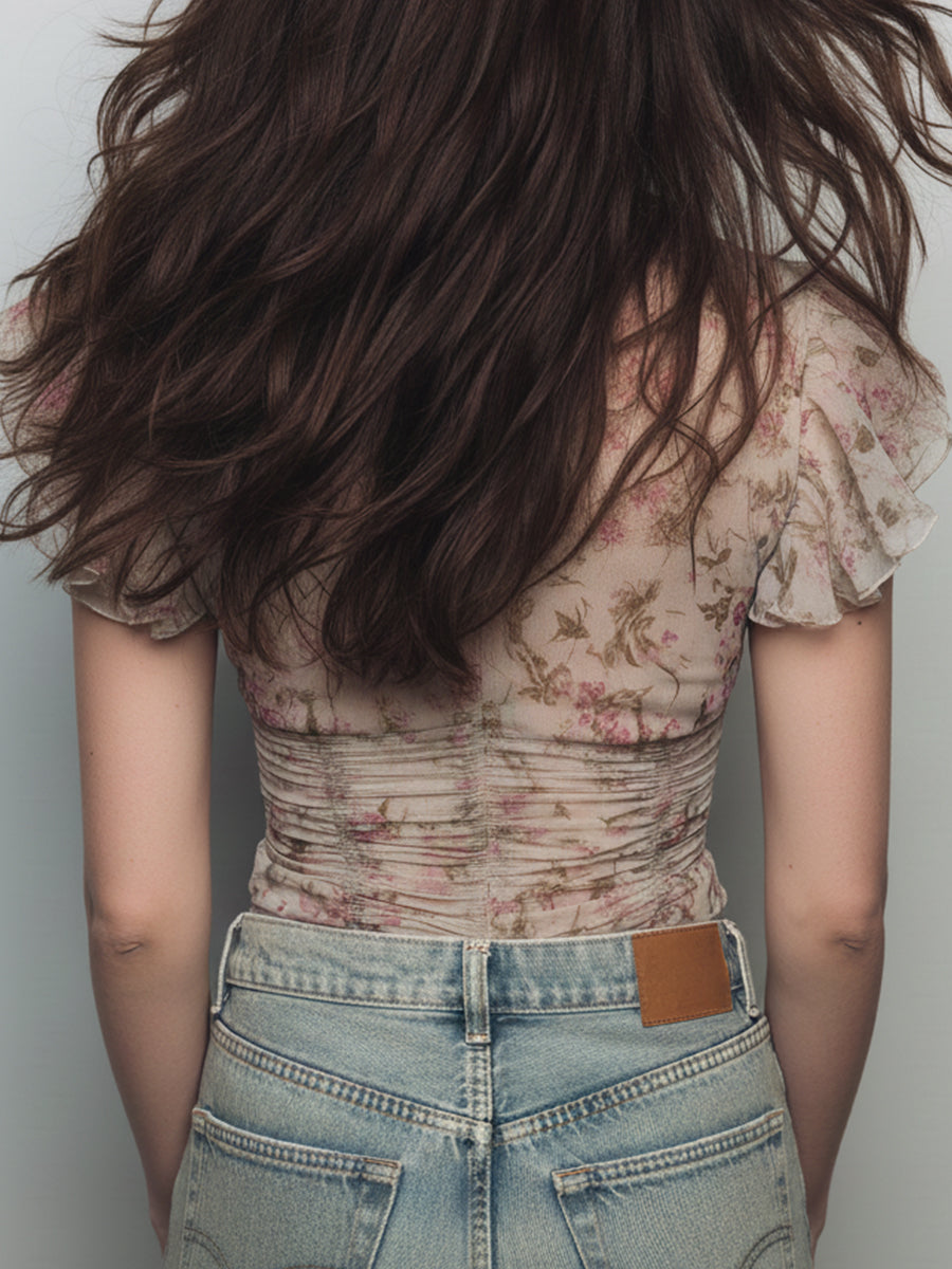 Vintage Chiffon Print Ruffle Trim Front Zipper Blouse