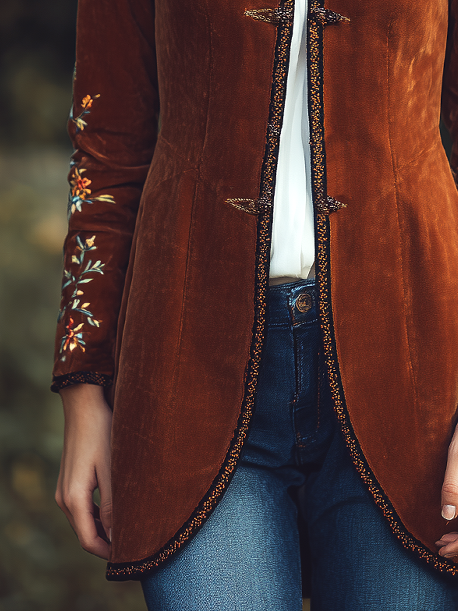Vintage Contrast Trim Embroidered Velvet Mid-Length Jacket
