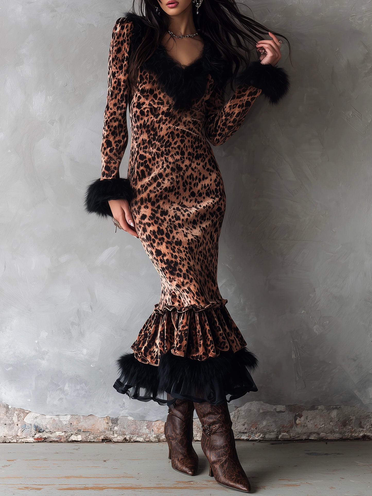 Chic Leopard Print Velvet Gown With Eco Fur Trim Mermaid Hem
