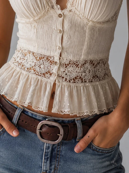 Ivory Lace Crochet Flutter-Sleeve Corset Top