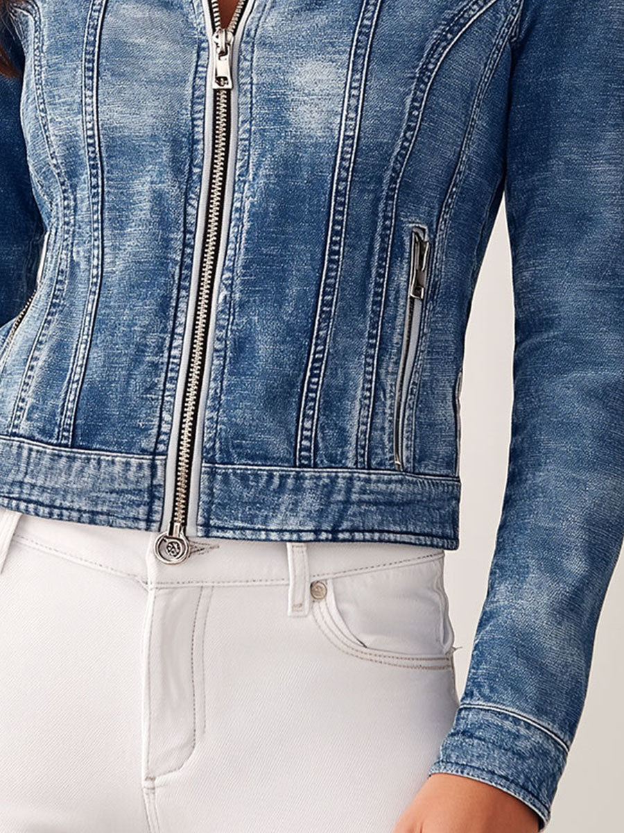 Trendy Washed Blue Slim Fit Denim Moto Jacket  Multiple Pockets