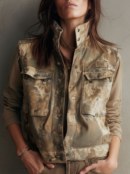 Retro Turtleneck Camouflage Work Pocket Vest