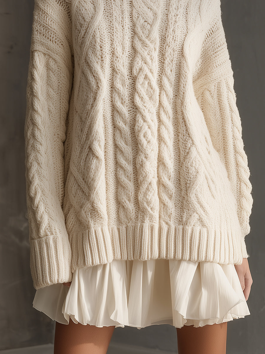 Retro Cable Knit Sweater With Pleated Patchwork Hem Mini Dress