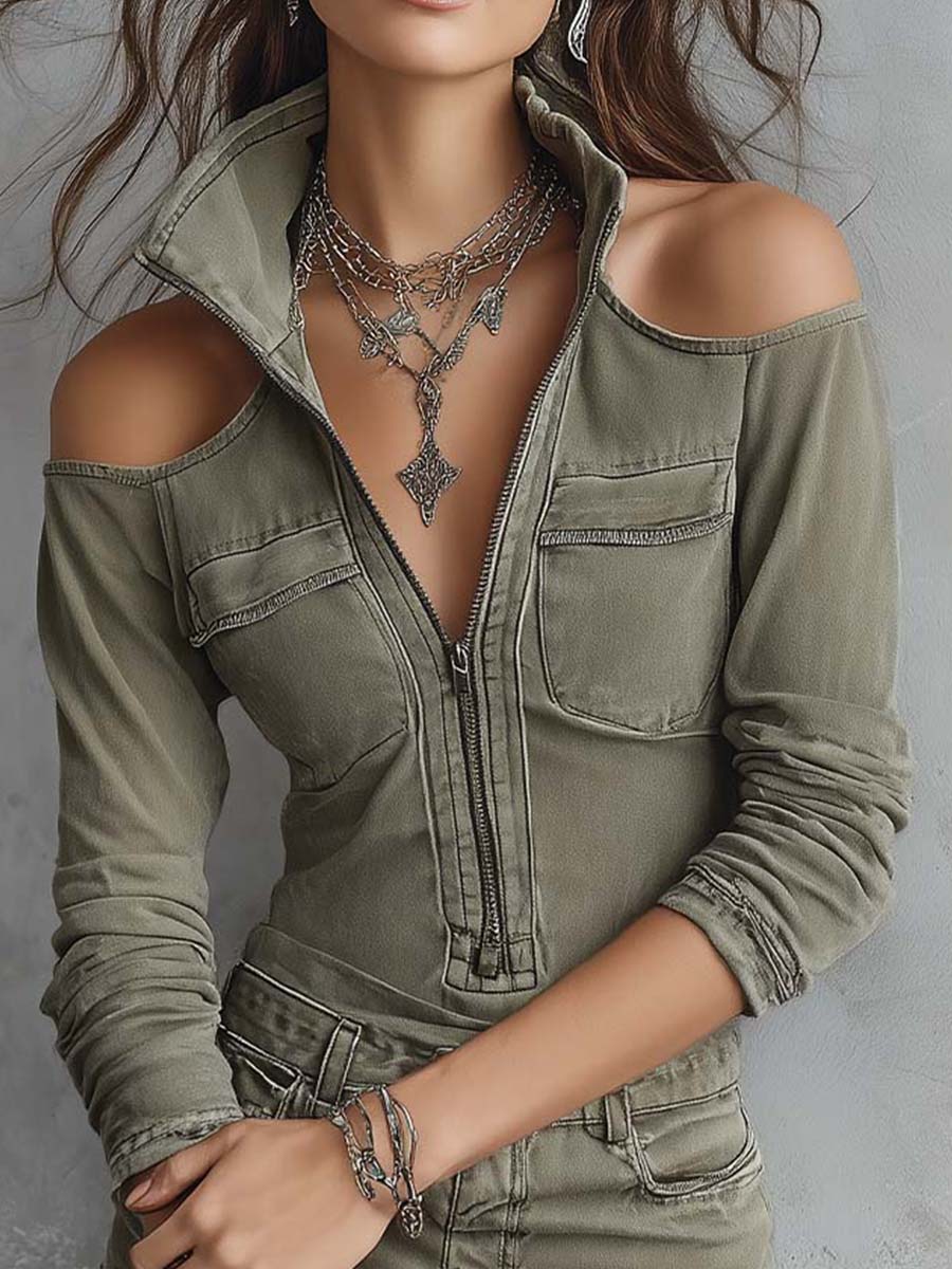 Retro Denim Cold-Shoulder Utility Zip Front Mini Dress