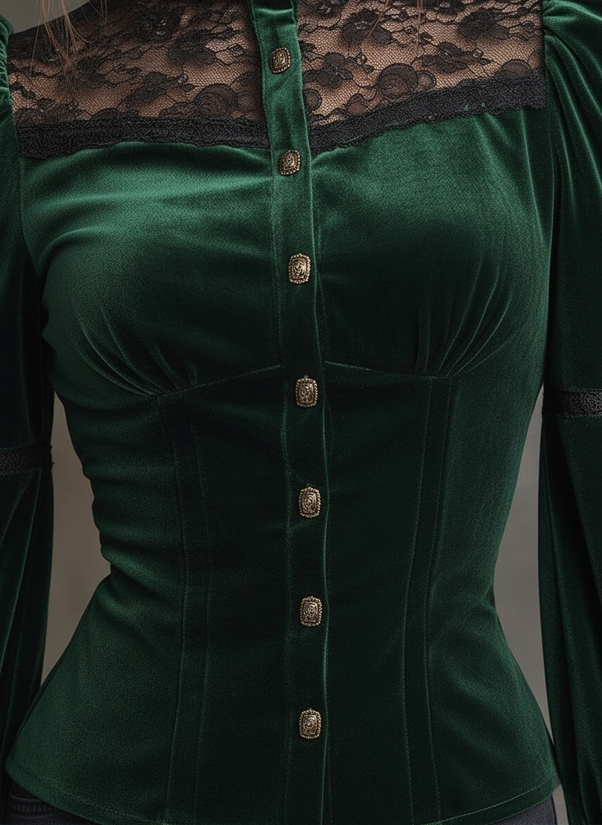Emerald Velvet & Lace Victorian Blouse