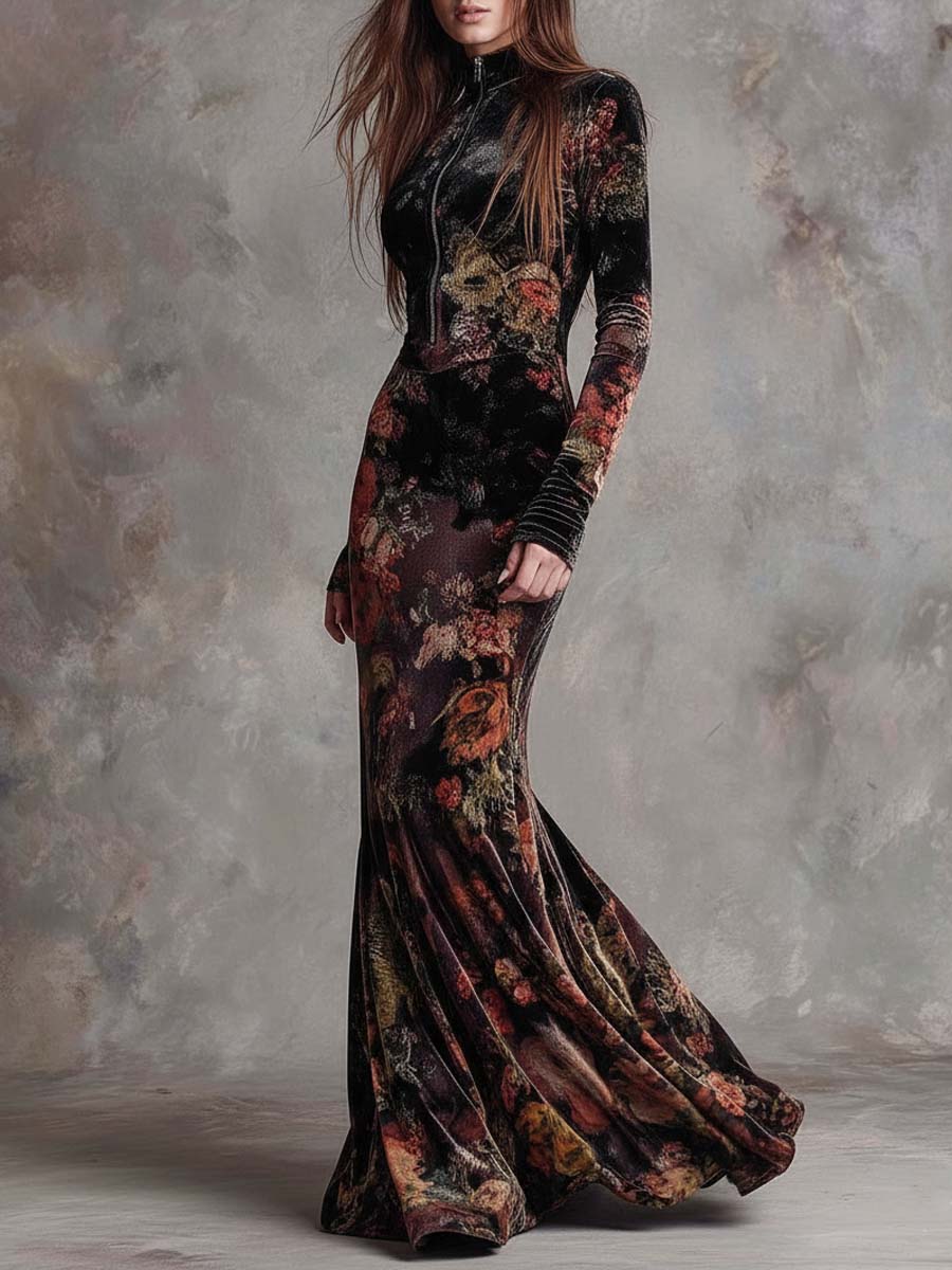 Floral Print Velvet Mermaid Maxi Dress