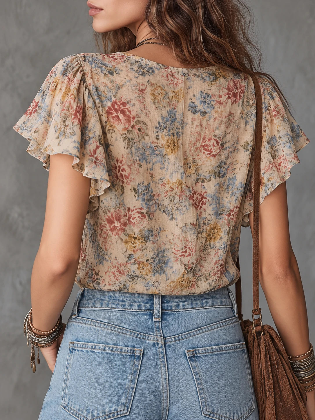 Boho Vintage Oil-Painting Style Printed Cotton-Linen Blouse