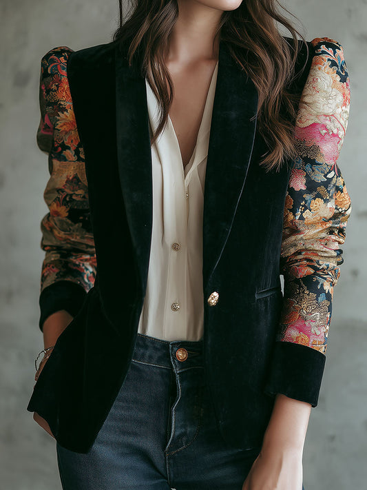 Elegant Contrast Velvet Blazer With Print Patterned Sleeves