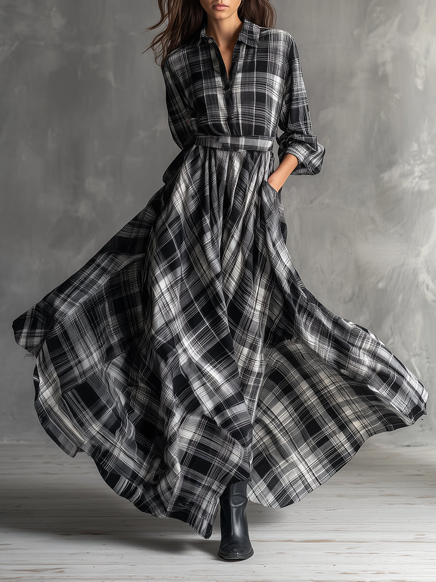 Bohemian Plaid Cotton Blend Shirt Maxi Dress