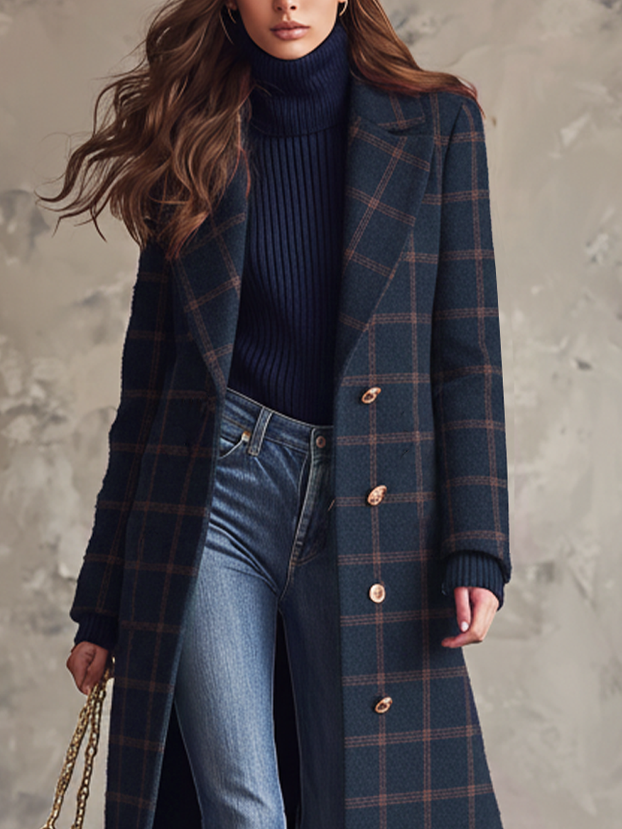 Retro Metal Button Plaid Long Coat