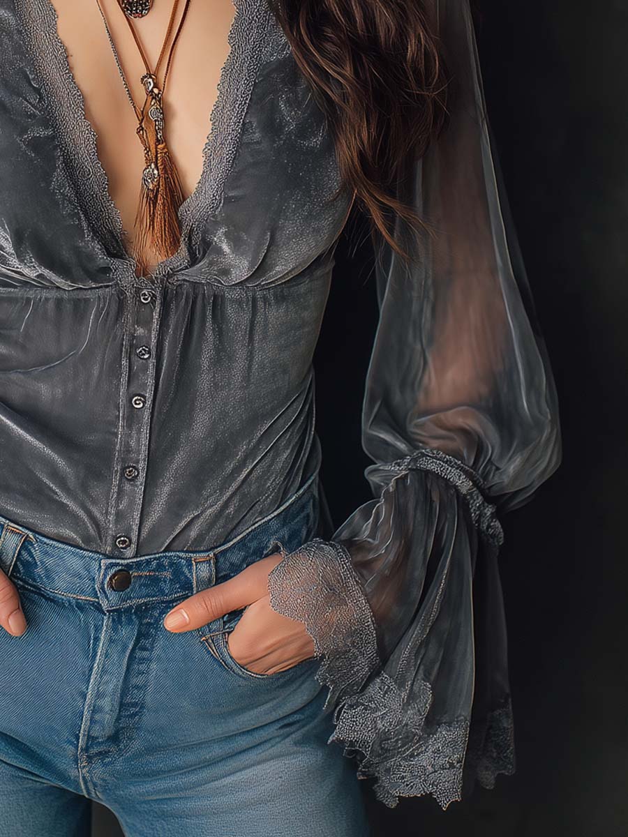 Slate Velvet Plunge Lace Sheer-Sleeve Top