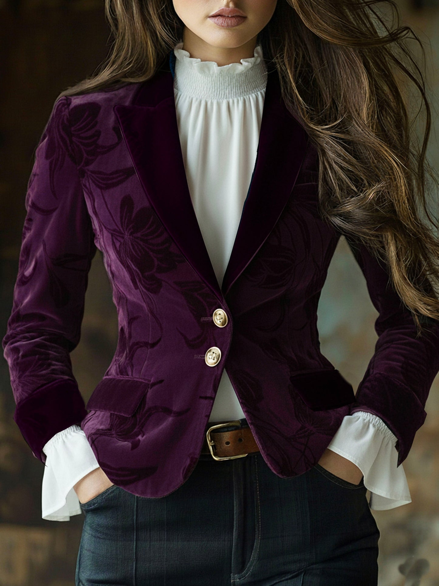 Elegant Deep Plum Floral Embossed Velvet Blazer