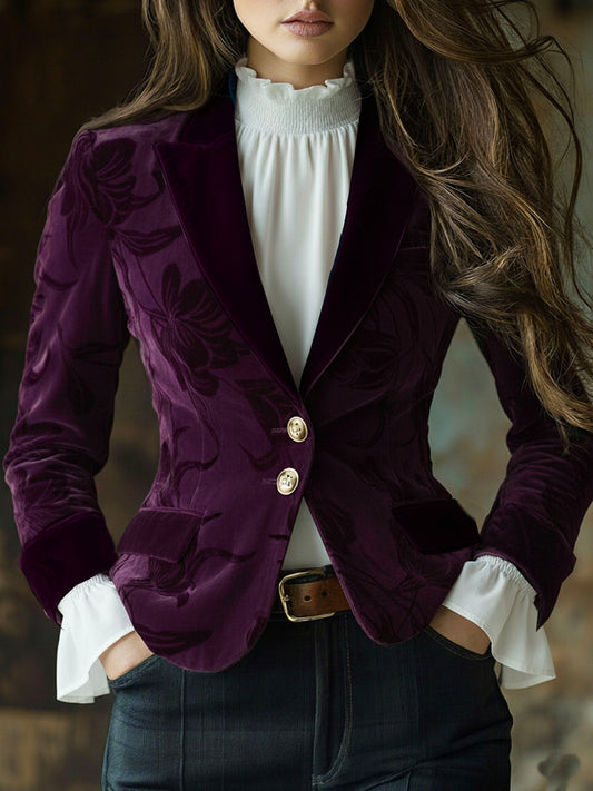 Elegant Deep Plum Floral Embossed Velvet Blazer