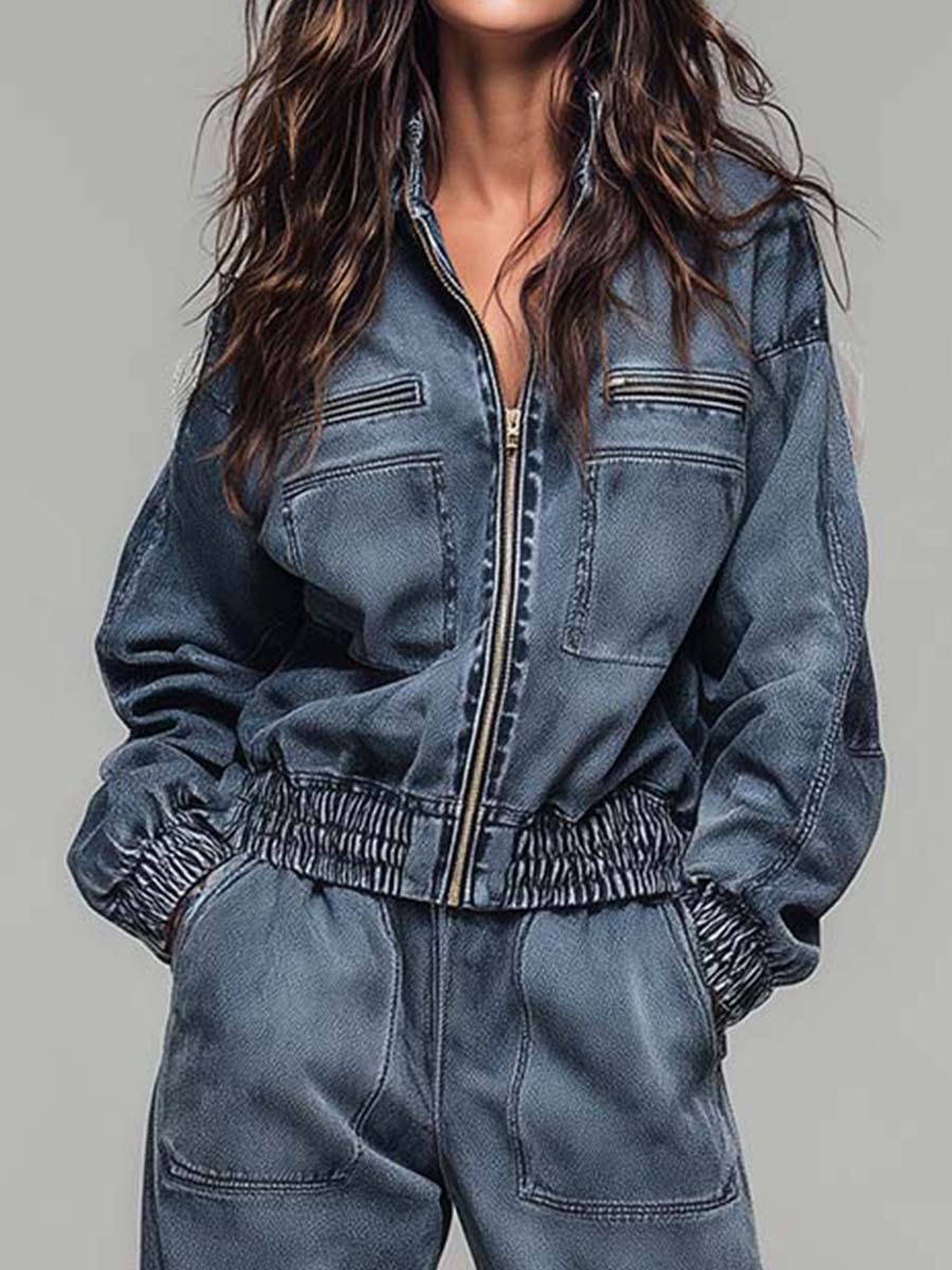 Vintage-Wash Zip-Front Utility Tracksuit Set