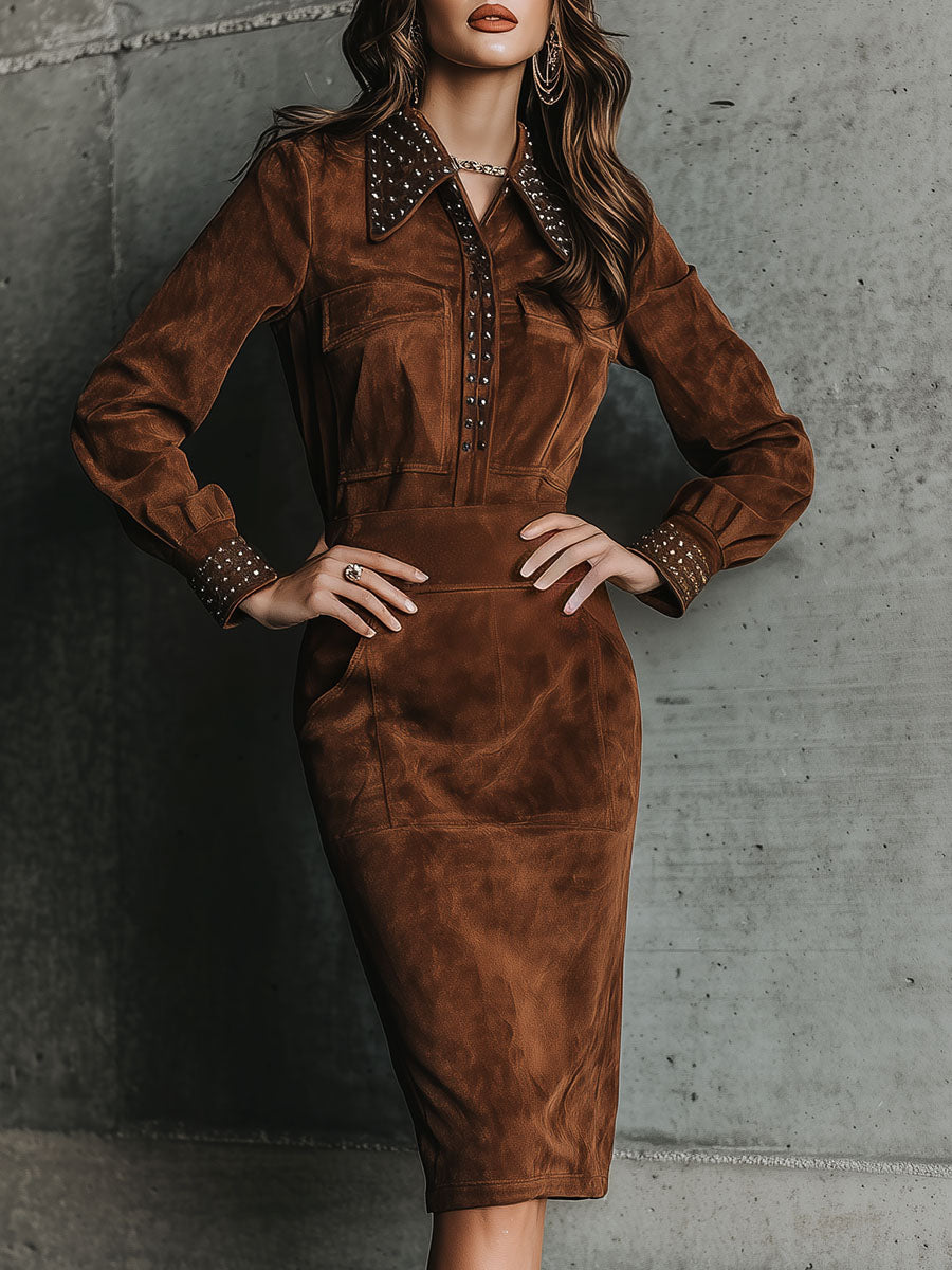 Western Brown Suede Studded Fitted Midi Dress Shirt Dress